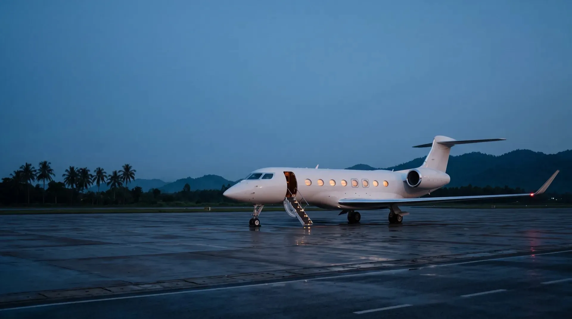 Private jet on the apron at blue hour